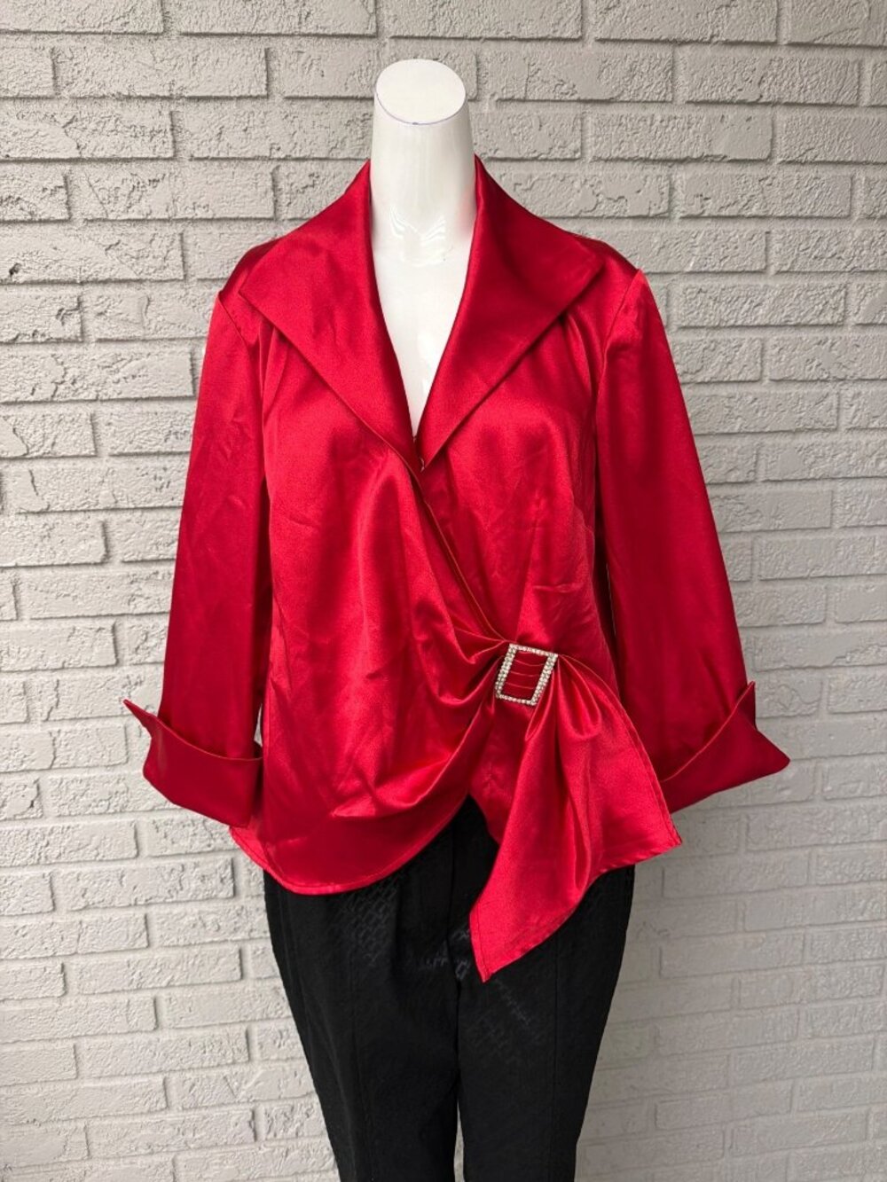 Bay Studio Red Satin Faux Wrap Rhinestone Detail Long Sleeve Blouse Size 1X